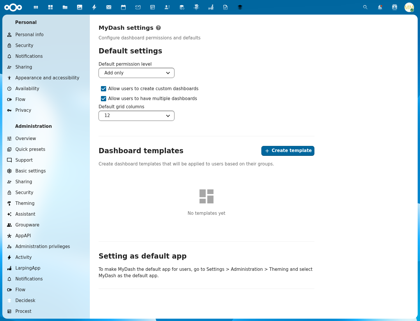 Role-based widget permissions section in the LaunchPad admin
settings